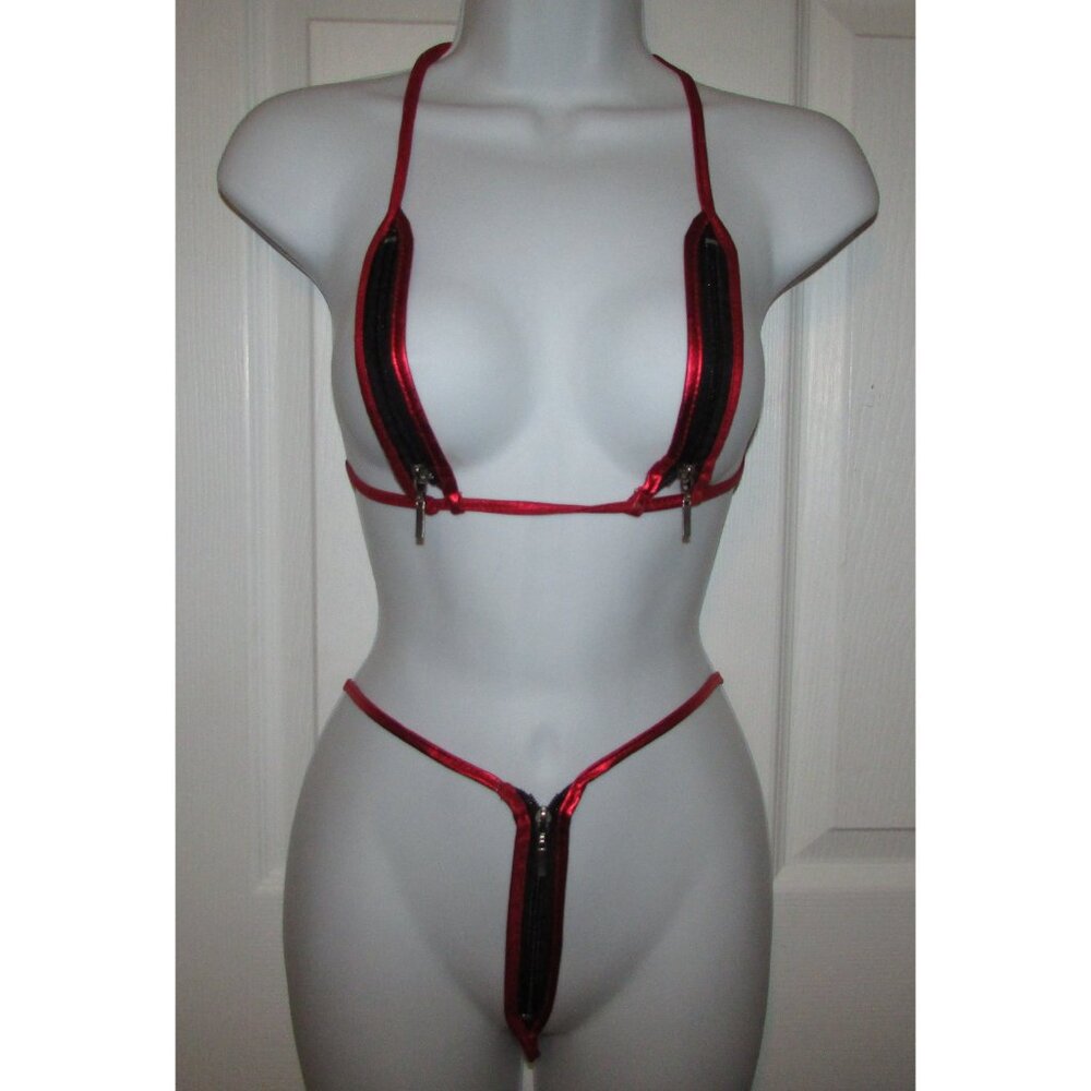 Red Metallic Micro Zippered Top Skimpy String Thong Bikini - NEW